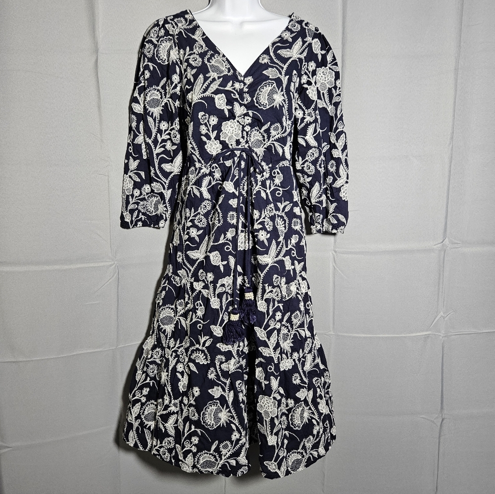 Soft Surroundings Tilda Whimsy Floral Navy Embroidered Boho Tiered Midi Sz M - Picture 4 of 11